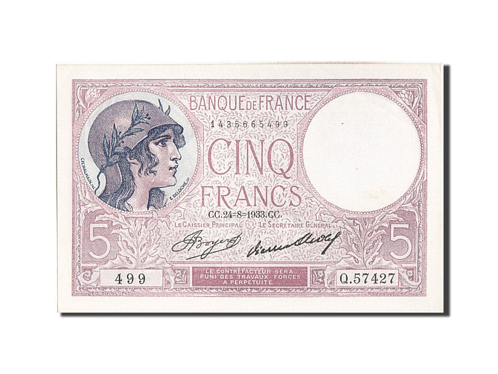 Billet, France, 5 Francs, 5 F 1917-1940 ''Violet'', 1933, SPL, Fayette:3.17