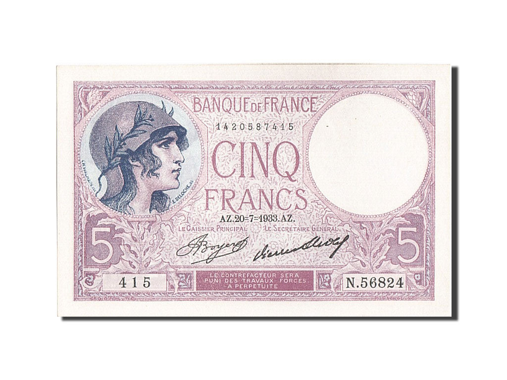 Billete, Francia, 5 Francs, 5 F 1917-1940 ''Violet'', 1933, 1933-07-20, EBC+