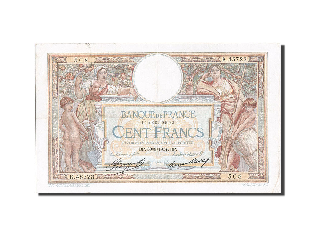 Banknote, France, 100 Francs, 100 F 1908-1939 ''Luc Olivier Merson'', 1934