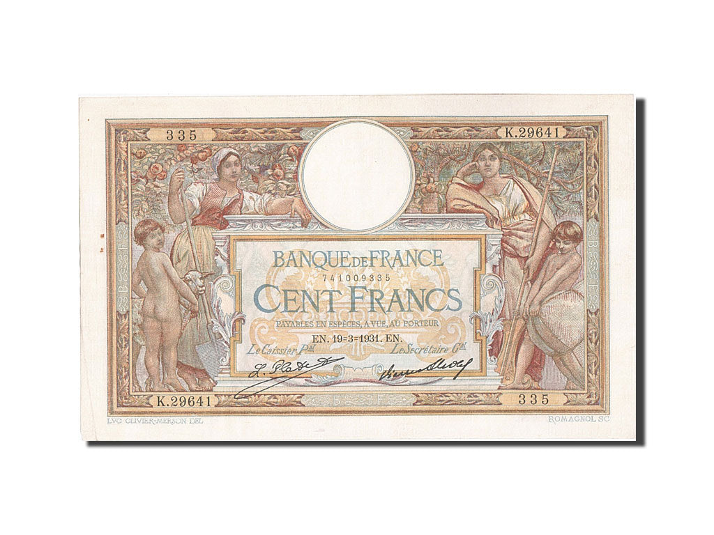 France, 100 Francs, 100 F 1908-1939 ''Luc Olivier Merson'', 1931, KM #78b,...