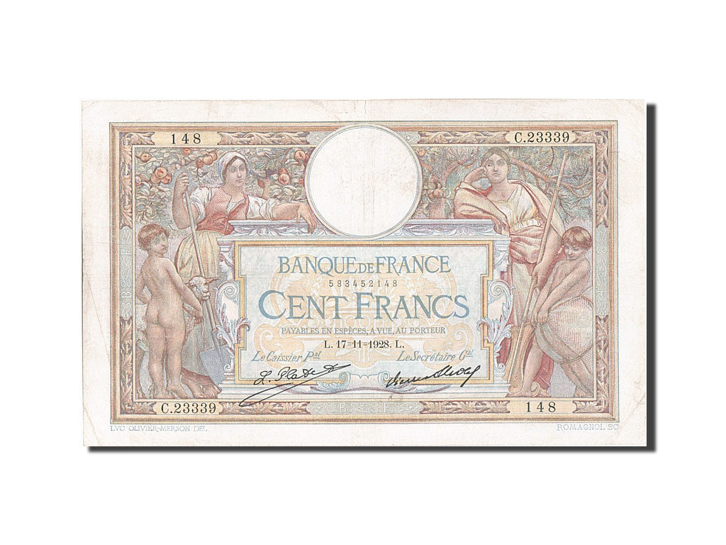 Banknote, France, 100 Francs, 100 F 1908-1939 ''Luc Olivier Merson'', 1928
