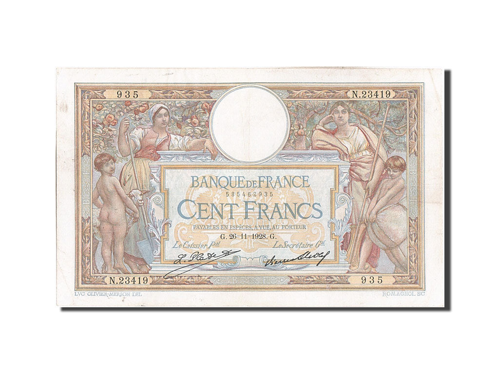 France, 100 Francs, 100 F 1908-1939 ''Luc Olivier Merson'', 1928, KM #78b,...
