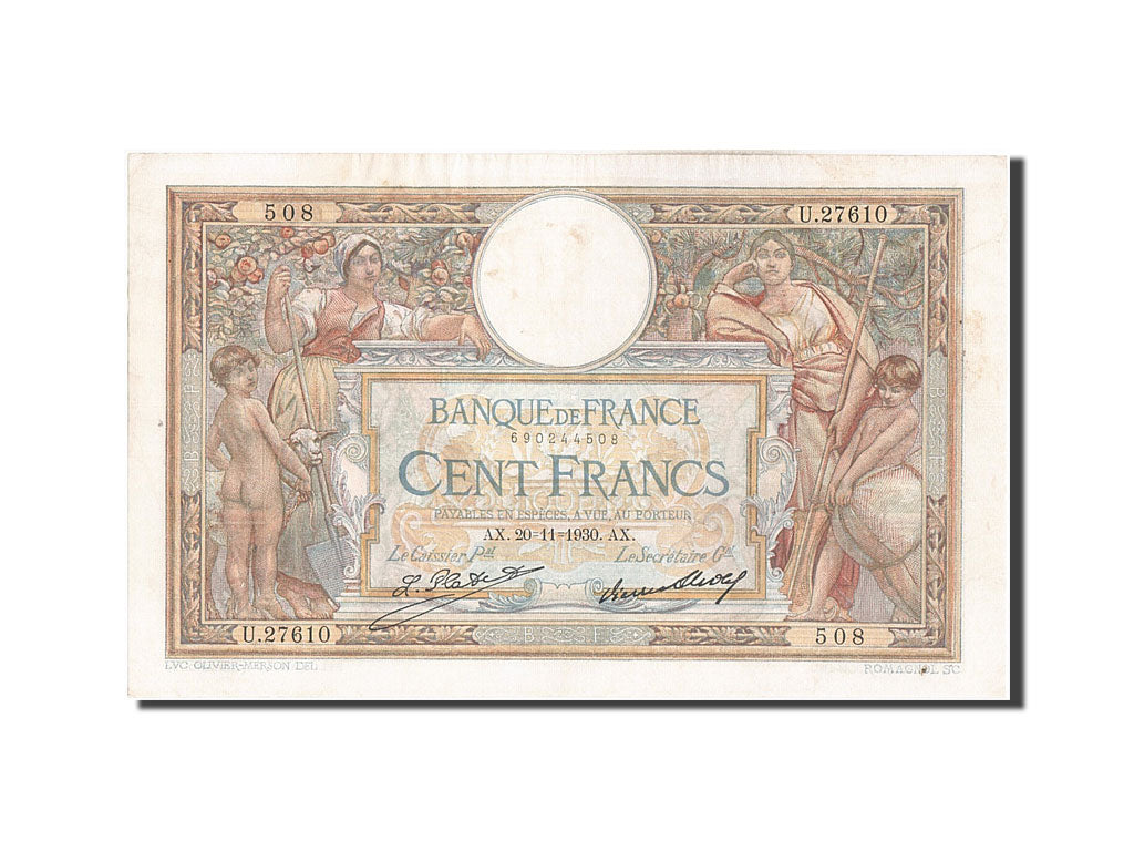 Banknote, France, 100 Francs, 100 F 1908-1939 ''Luc Olivier Merson'', 1930