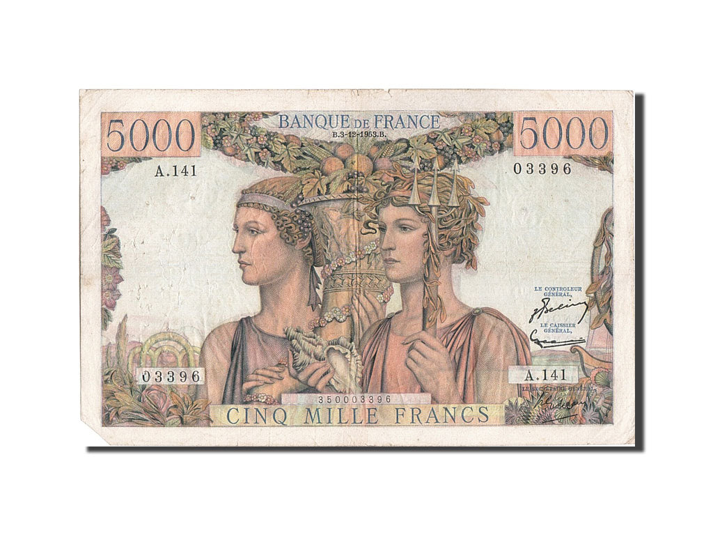 Francia, 5000 Francs, 5 000 F 1949-1957 ''Terre et Mer'', 1953, KM:131c, 1953...