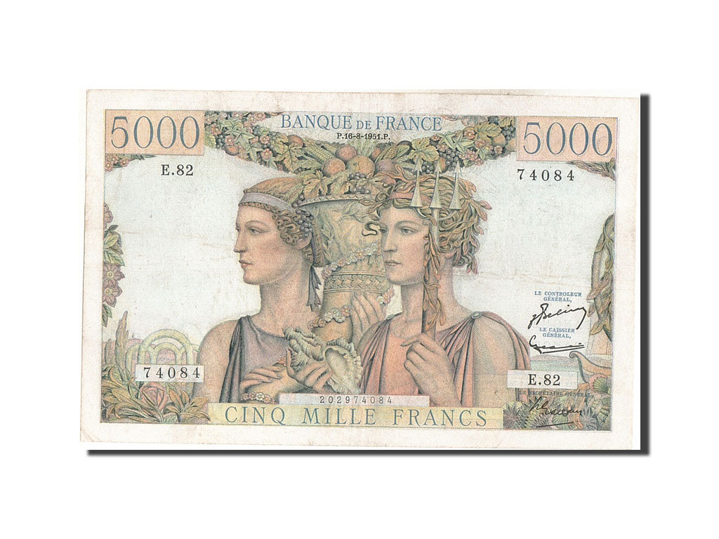 France, 5000 Francs, 5 000 F 1949-1957 ''Terre et Mer'', 1951, KM #131c,...