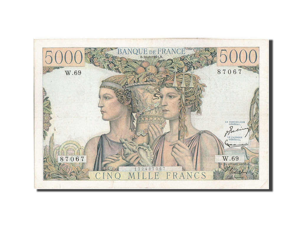 France, 5000 Francs, 5 000 F 1949-1957 ''Terre et Mer'', 1951, KM #131c,...