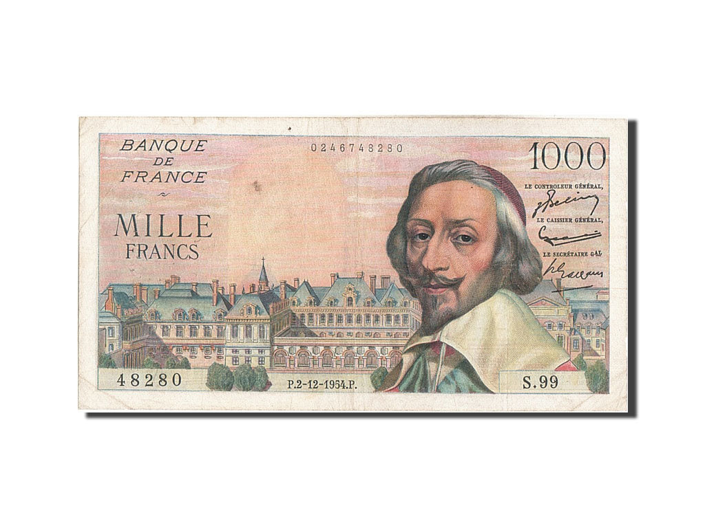France, 1000 Francs, 1 000 F 1953-1957 ''Richelieu'', 1954, KM #134a,...
