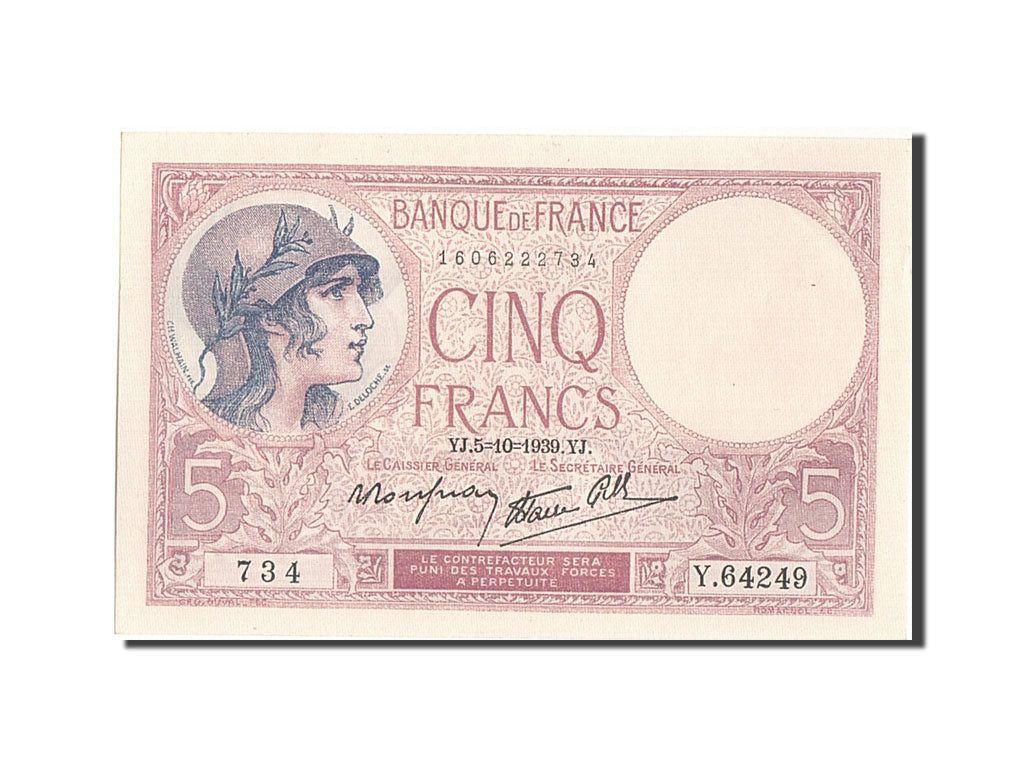 Billet, France, 5 Francs, 5 F 1917-1940 ''Violet'', 1939, 1939-10-05, NEUF