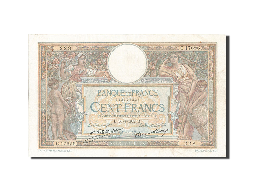 France, 100 Francs, 100 F 1908-1939 ''Luc Olivier Merson'', 1927, KM #78b,...