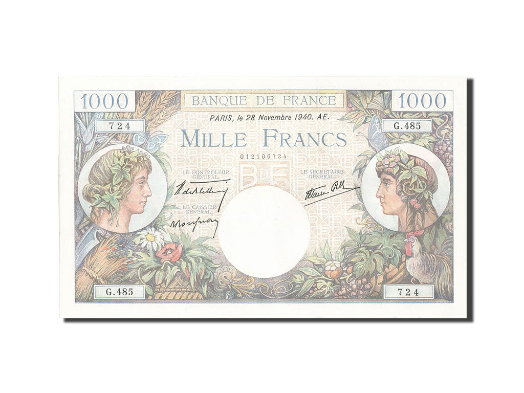 France, 1000 Francs, 1 000 F 1940-1944 ''Commerce et Industrie'', 1940, KM...