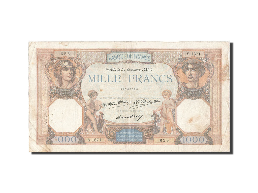 Geldschein, Frankreich, 1000 Francs, 1 000 F 1927-1940 ''Cérès et Mercure''