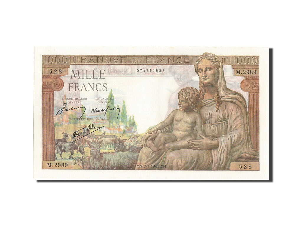 France, 1000 Francs, 1 000 F 1942-1943 ''Déesse Déméter'', 1943, KM #102, 194...