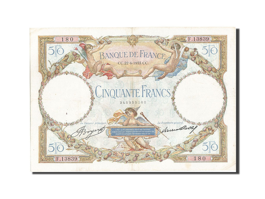 France, 50 Francs, 50 F 1927-1934 ''Luc Olivier Merson'', 1933, KM #80b,...