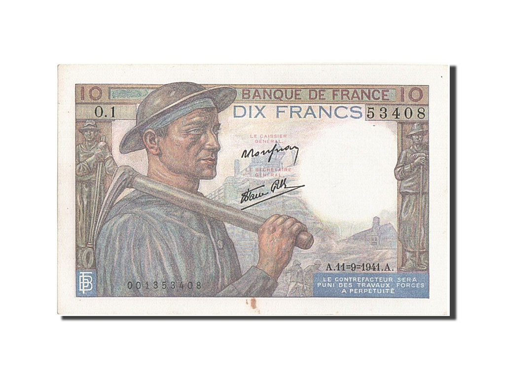 Banconote, Francia, 10 Francs, 10 F 1941-1949 ''Mineur'', 1941, 1941-09-11, SPL