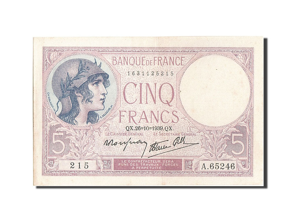Billete, Francia, 5 Francs, 5 F 1917-1940 ''Violet'', 1939, 1939-10-26, MBC+