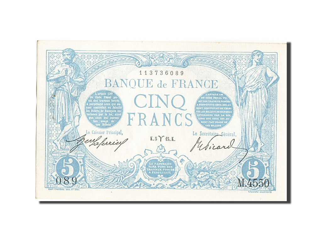 Banknote, France, 5 Francs, 5 F 1912-1917 ''Bleu'', 1915, 1915-03-05, UNC(63)