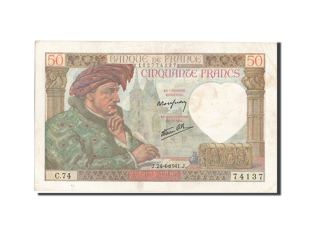 Banknot, Francja, 50 Francs, Jacques Coeur, 1941, AU(50-53), Fayette:19.9, KM:93