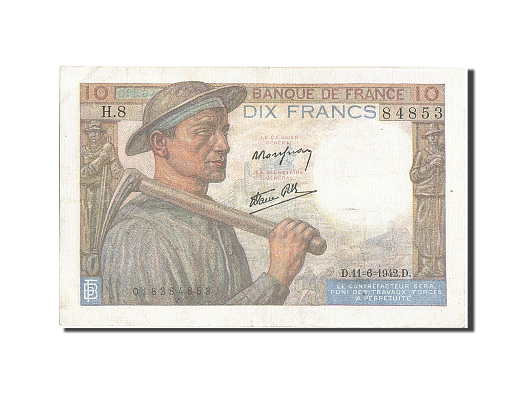 France, 10 Francs, 10 F 1941-1949 ''Mineur'', 1942, KM #99c, 1942-06-11,...