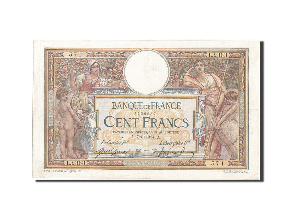 Banknot, Francja, 100 Francs, Luc Olivier Merson, 1914, EF(40-45), Fayette:23.6