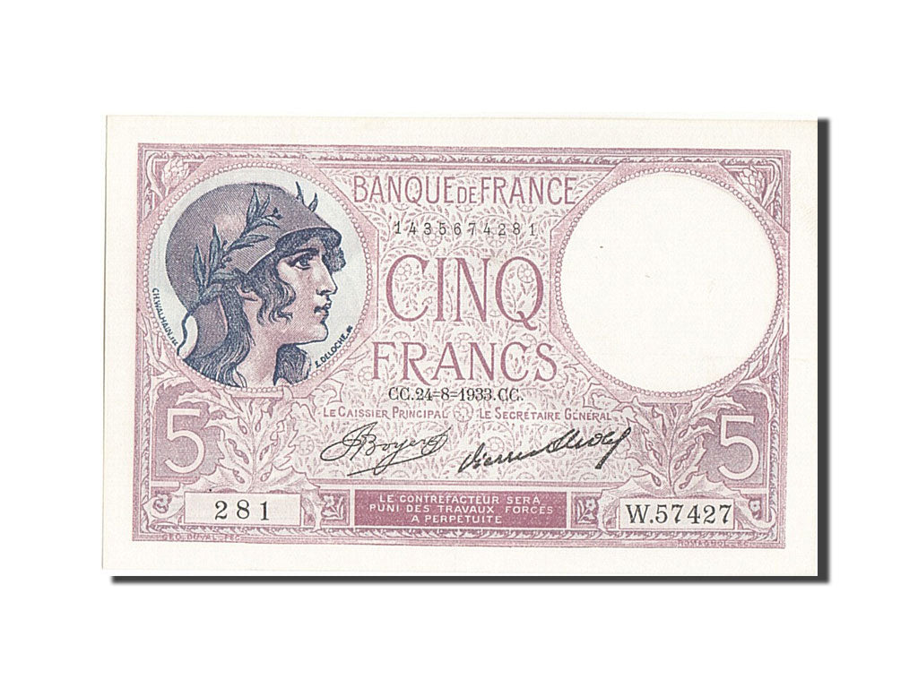 Banknote, France, 5 Francs, 5 F 1917-1940 ''Violet'', 1933, UNC(63)