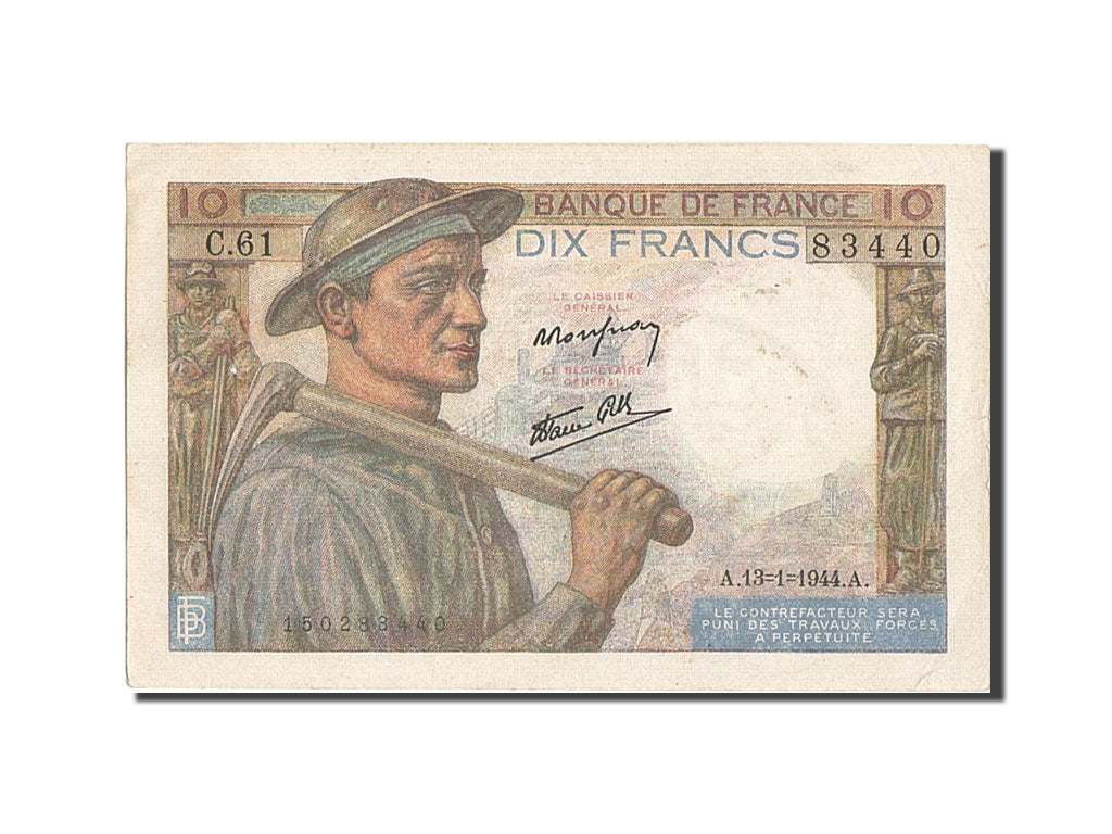 Banknote, France, 10 Francs, 10 F 1941-1949 ''Mineur'', 1944, 1944-01-13