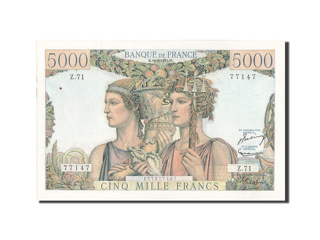 France, 5000 Francs, 5 000 F 1949-1957 ''Terre et Mer'', 1951, KM #131c,...