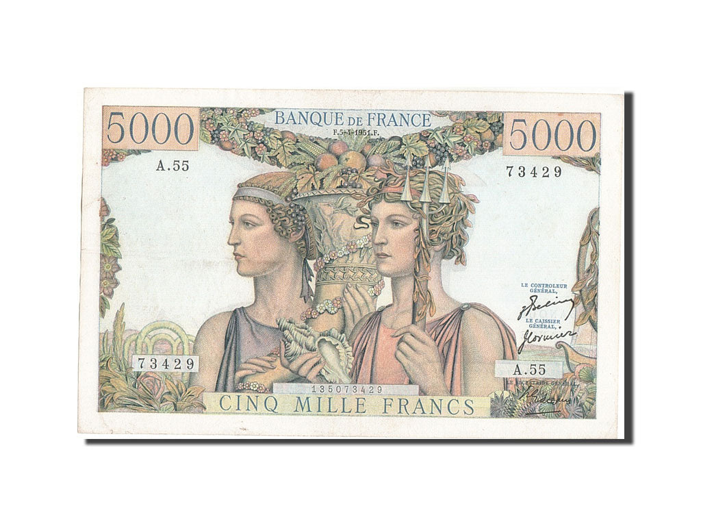 France, 5000 Francs, 5 000 F 1949-1957 ''Terre et Mer'', 1951, KM #131b,...