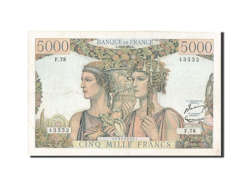 France, 5000 Francs, 5 000 F 1949-1957 ''Terre et Mer'', 1951, KM #131c,...