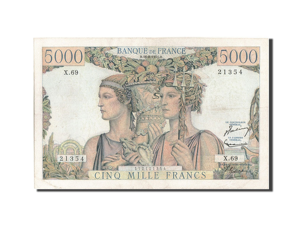 France, 5000 Francs, 5 000 F 1949-1957 ''Terre et Mer'', 1951, KM #131c,...