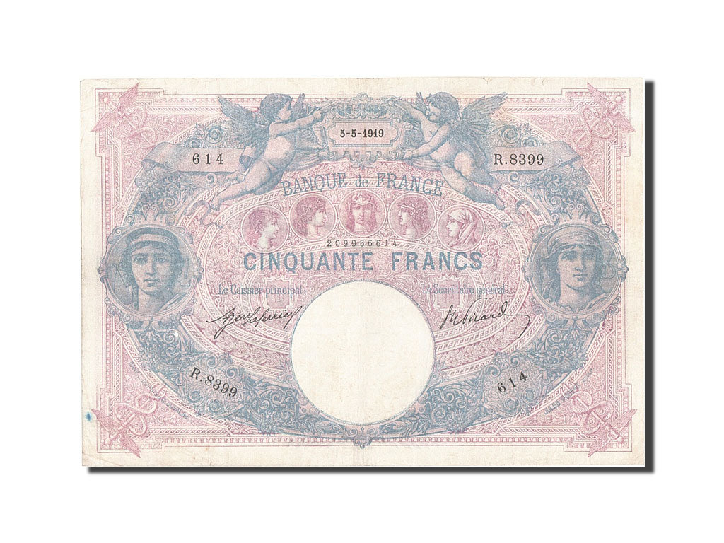 Francia, 50 Francs, 50 F 1889-1927 ''Bleu et Rose'', 1919, KM:64e, 1919-05-05...