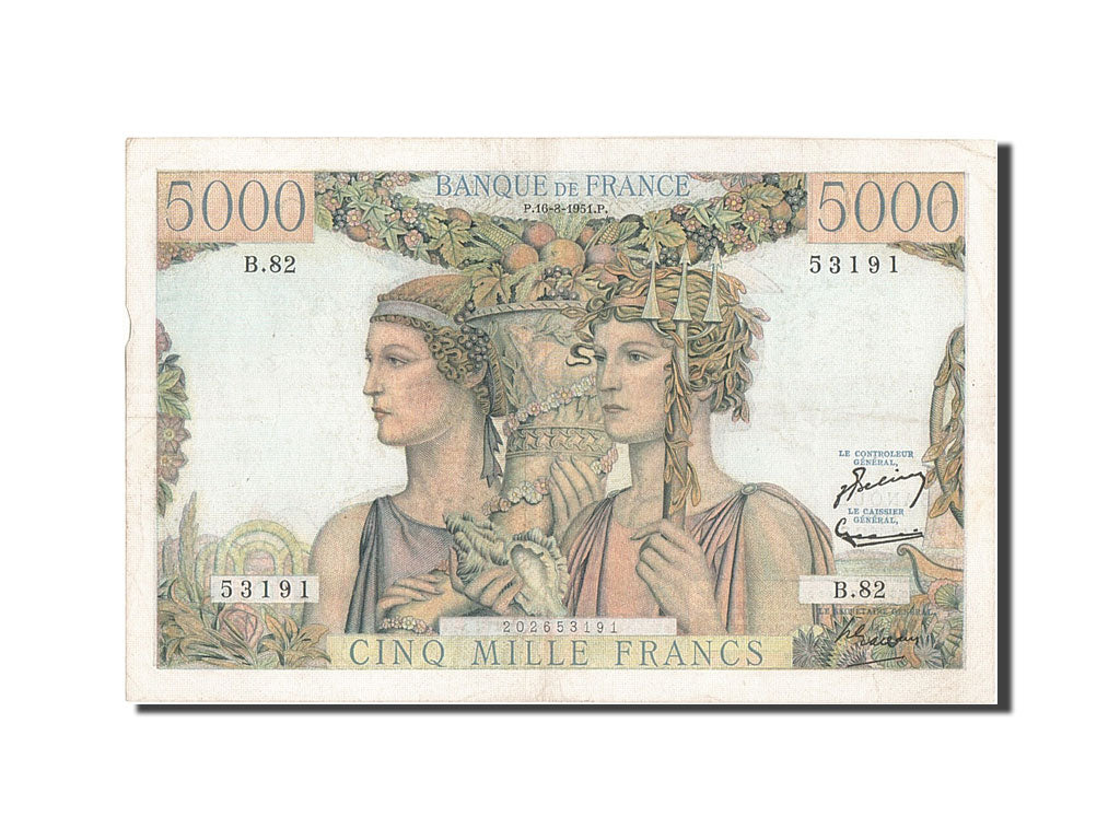 France, 5000 Francs, 5 000 F 1949-1957 ''Terre et Mer'', 1951, KM #131c,...