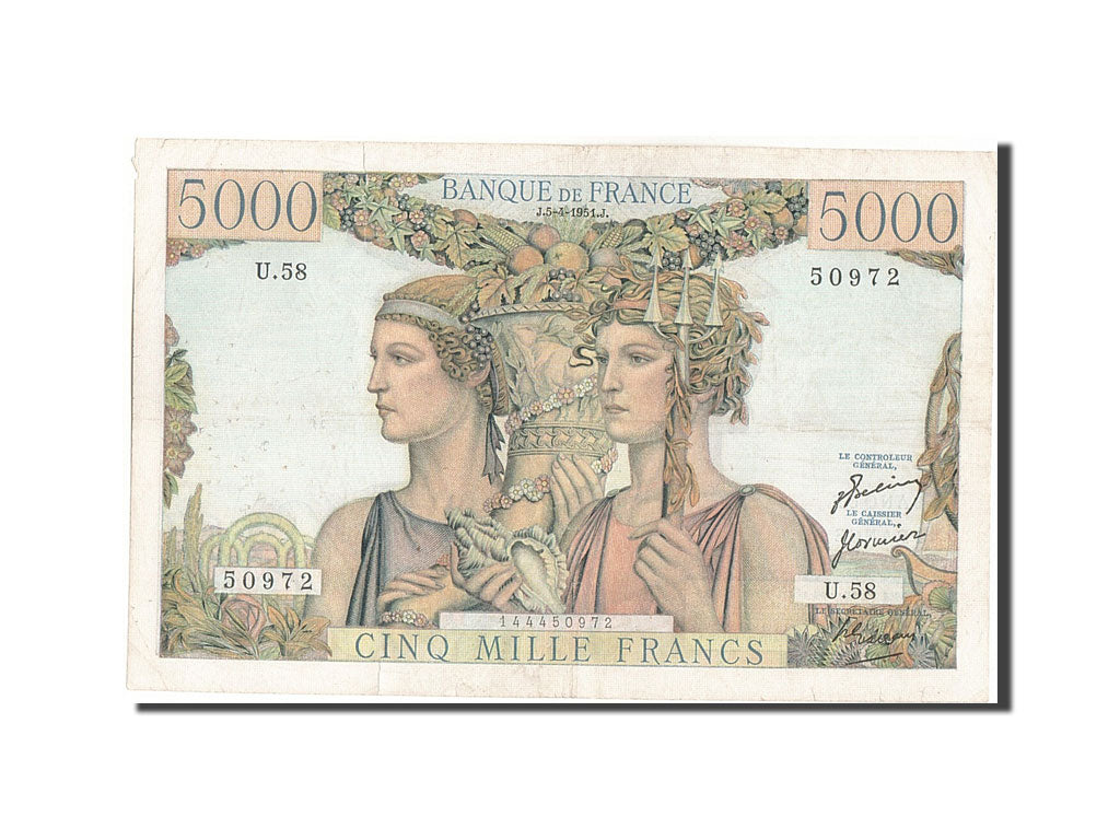 Geldschein, Frankreich, 5000 Francs, 5 000 F 1949-1957 ''Terre et Mer'', 1951