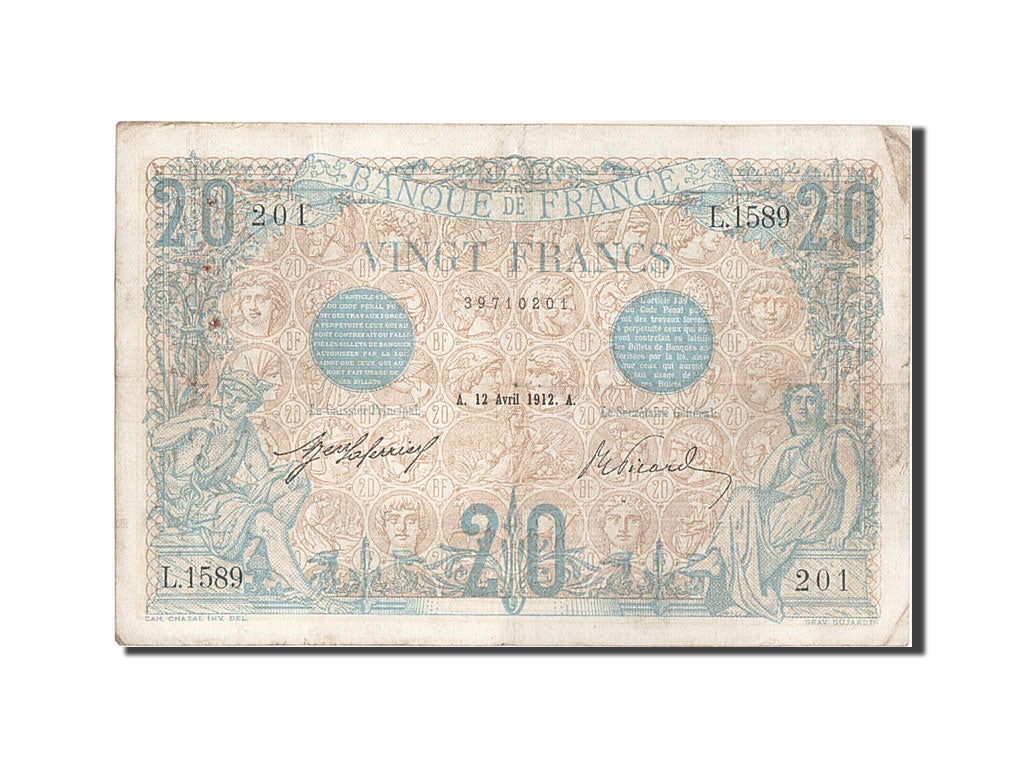 Banknote, France, 20 Francs, 20 F 1905-1913 ''Bleu'', 1912, 1912-04-12