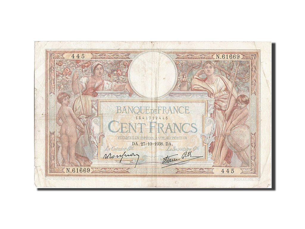 Banknote, France, 100 Francs, 100 F 1908-1939 ''Luc Olivier Merson'', 1938