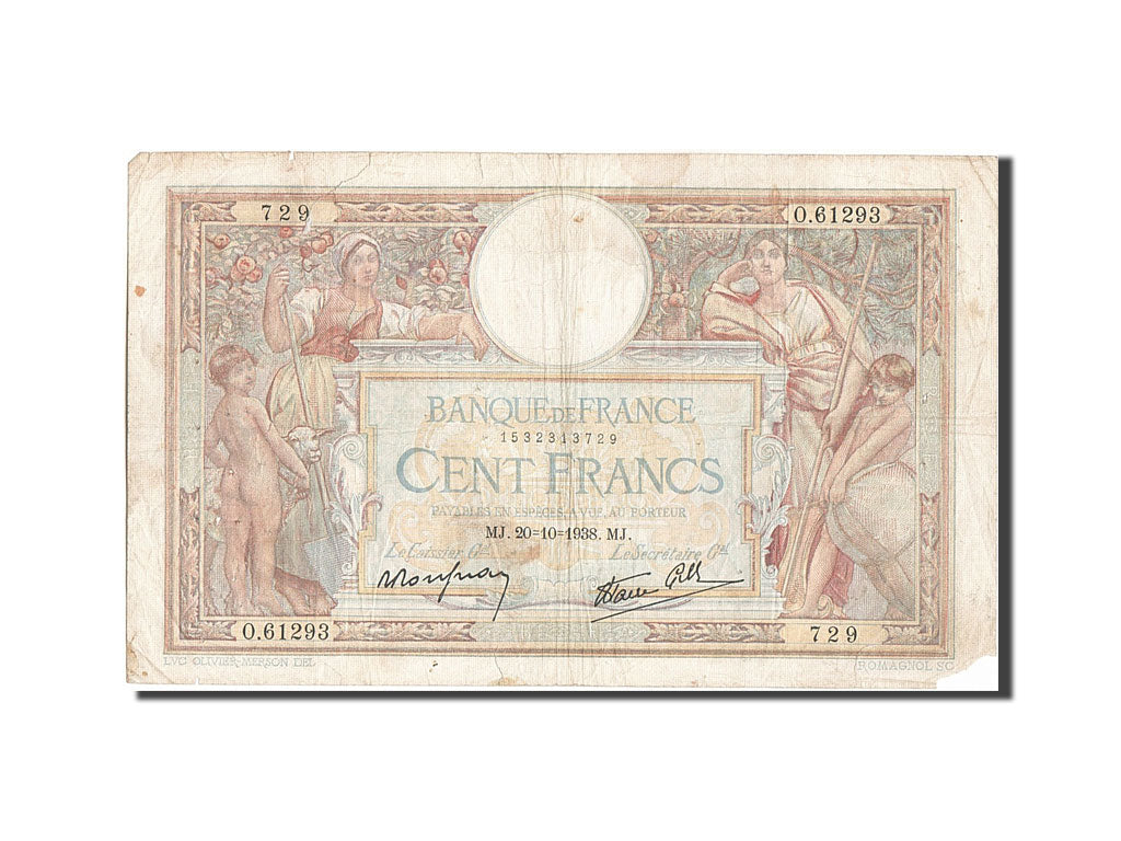 Banknote, France, 100 Francs, 100 F 1908-1939 ''Luc Olivier Merson'', 1938