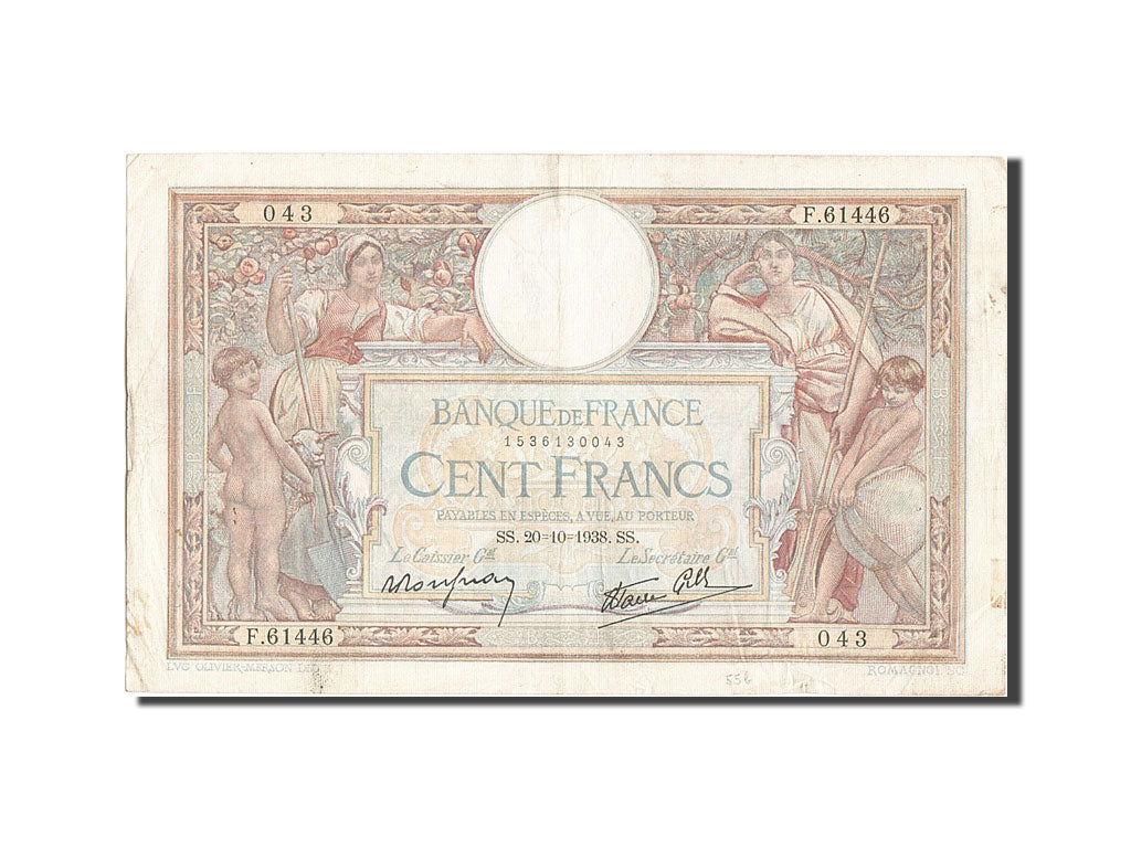 Banknote, France, 100 Francs, 100 F 1908-1939 ''Luc Olivier Merson'', 1938