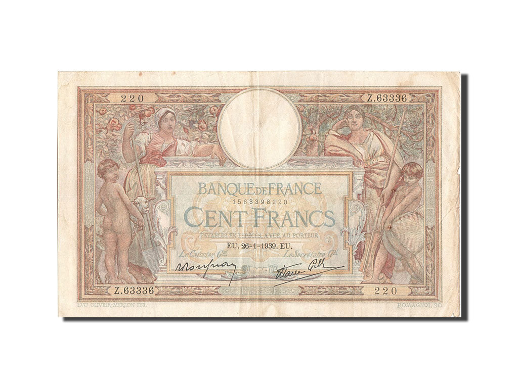 Banknote, France, 100 Francs, 100 F 1908-1939 ''Luc Olivier Merson'', 1939