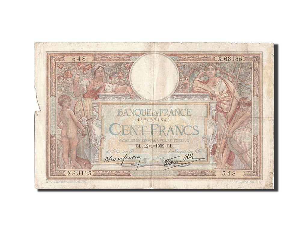 Banknote, France, 100 Francs, 100 F 1908-1939 ''Luc Olivier Merson'', 1939