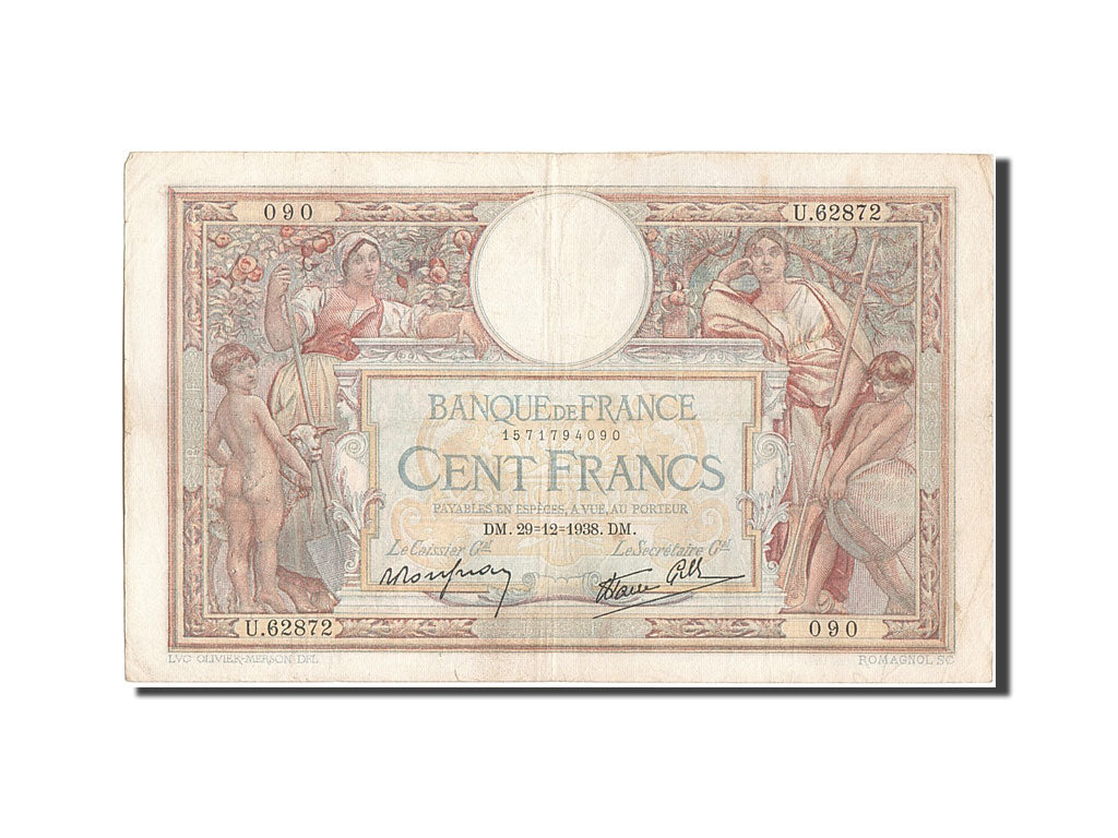 Biljet, Frankrijk, 100 Francs, 100 F 1908-1939 ''Luc Olivier Merson'', 1938