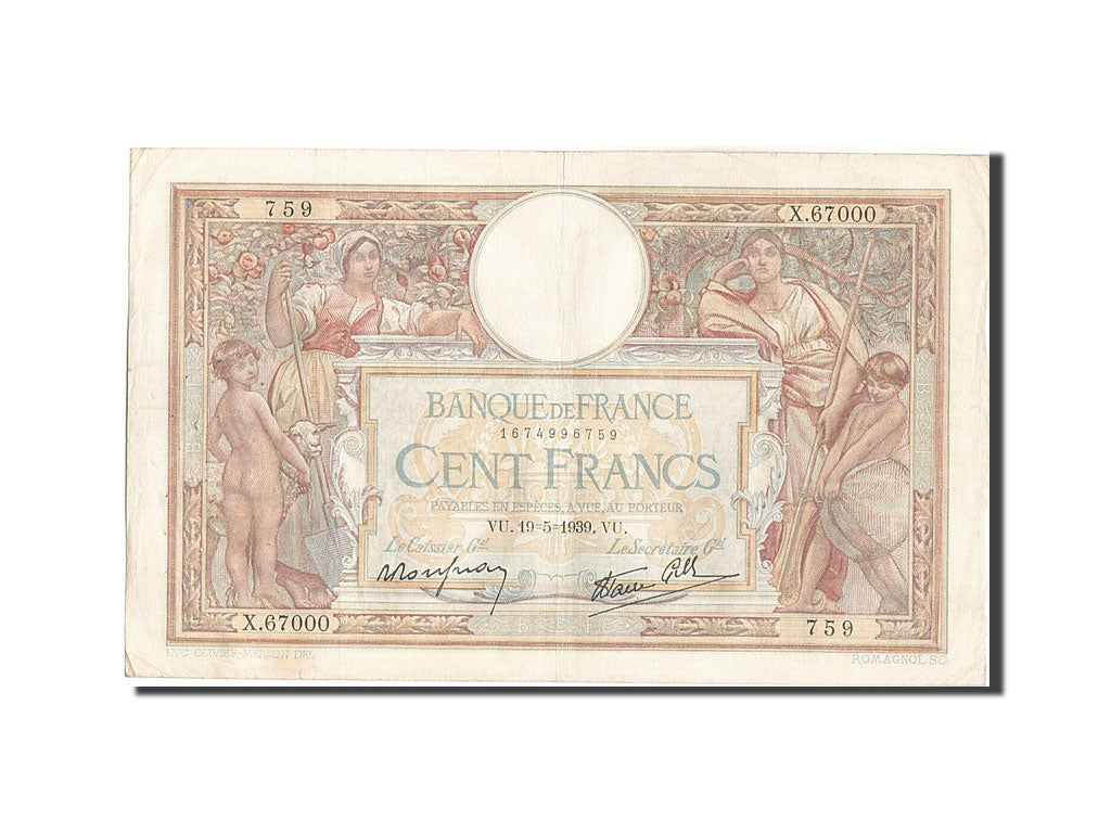 Banknote, France, 100 Francs, 100 F 1908-1939 ''Luc Olivier Merson'', 1939