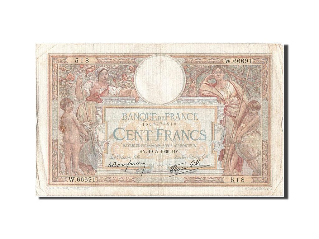 Banknote, France, 100 Francs, 100 F 1908-1939 ''Luc Olivier Merson'', 1939