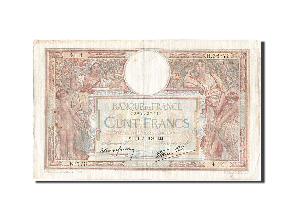 Banknote, France, 100 Francs, 100 F 1908-1939 ''Luc Olivier Merson'', 1939