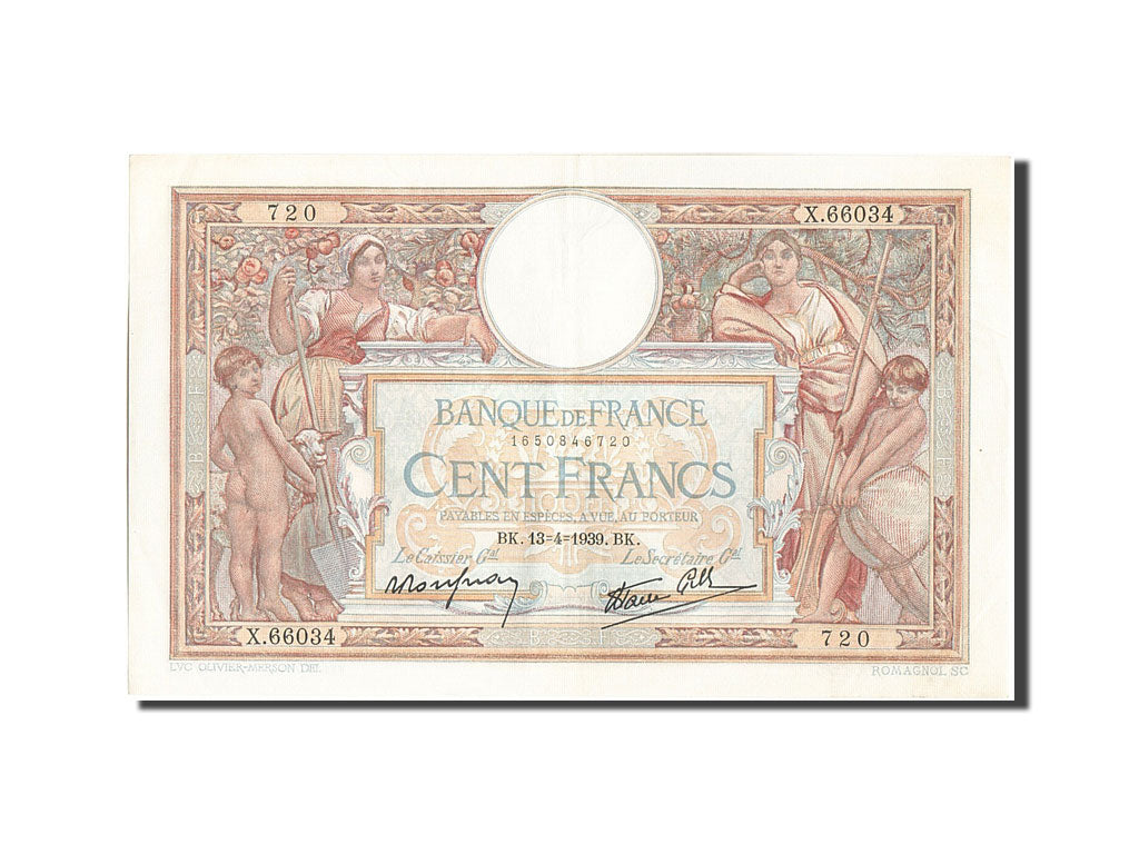 Banknote, France, 100 Francs, 100 F 1908-1939 ''Luc Olivier Merson'', 1939