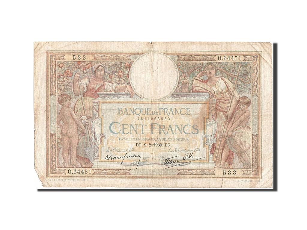 Banknote, France, 100 Francs, 100 F 1908-1939 ''Luc Olivier Merson'', 1939