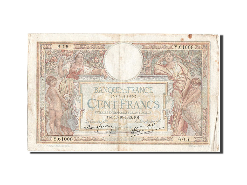 Banknote, France, 100 Francs, 100 F 1908-1939 ''Luc Olivier Merson'', 1938