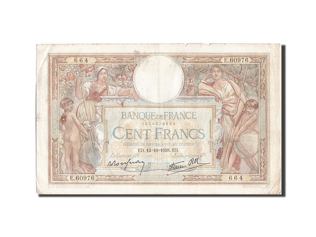 Banknote, France, 100 Francs, 100 F 1908-1939 ''Luc Olivier Merson'', 1938