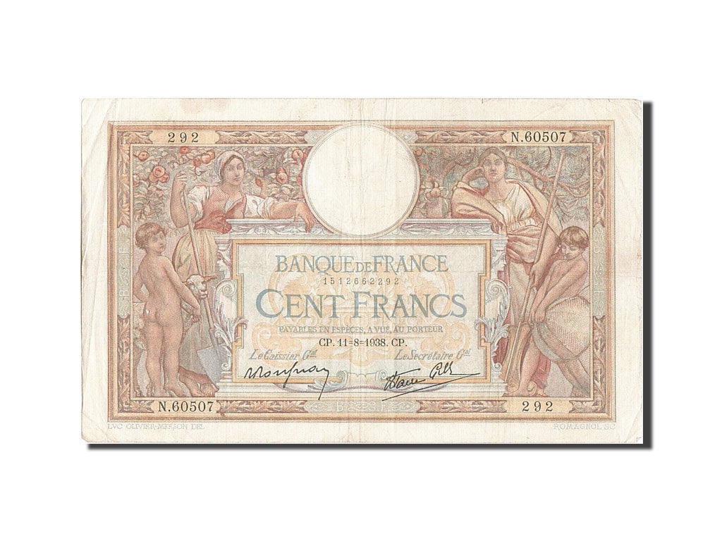 Banknote, France, 100 Francs, 100 F 1908-1939 ''Luc Olivier Merson'', 1938