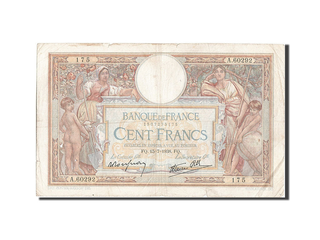 Banknote, France, 100 Francs, 100 F 1908-1939 ''Luc Olivier Merson'', 1938