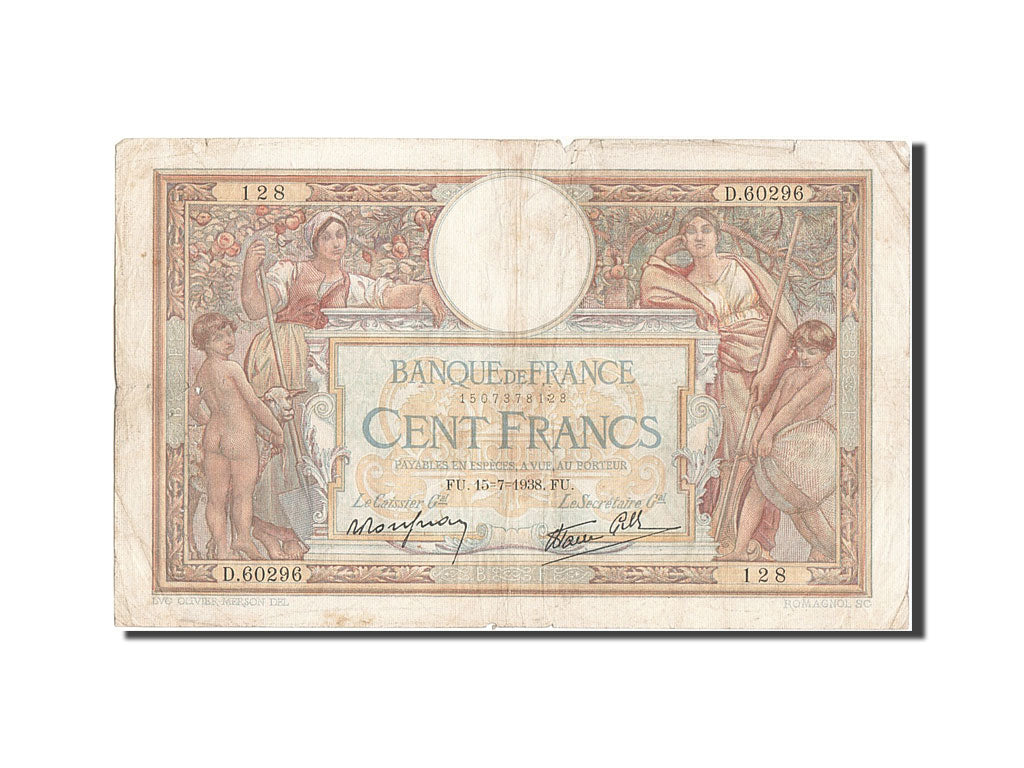 Banknote, France, 100 Francs, 100 F 1908-1939 ''Luc Olivier Merson'', 1938
