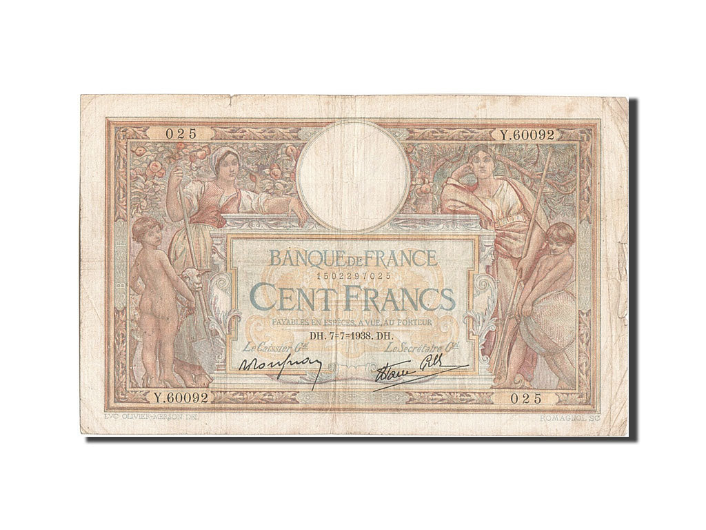 Banknote, France, 100 Francs, 100 F 1908-1939 ''Luc Olivier Merson'', 1938